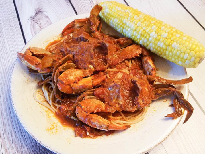 Fried Blue Stone Crabs In Savory Tomato Sauce Over Pasta Recipe